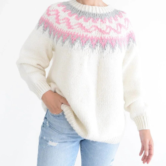 Vintage Handmade Cream Cowichan Chunky Fair Isle Icelandic Fisherman Cabincore M - Picture 2 of 12